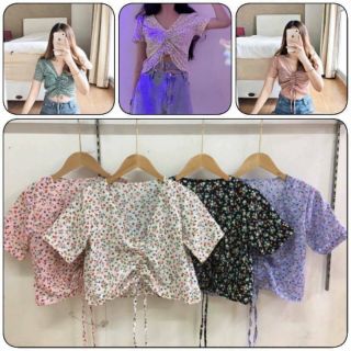 เสื้อครอปลายดอกรูดเชือกด้านหน้า🌺
