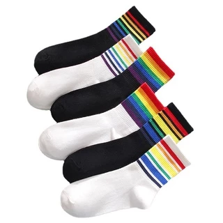 (W-164) ถุงเท้าข้อกลาง คาดแถบสีรุ้ง ถุงเท้าแฟชั่นลายสายรุ้ง 🌈 Rainbow socks เนื้อผ้าดี ใส่สบาย