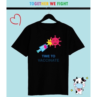 เสื้อยืดวัคซีน โควิด สีดำ ฉีดวัคซีนกันเถอะ Time to Vaccinate ใส่สบาย สีสันสดใส สกรีนแบบ DTG