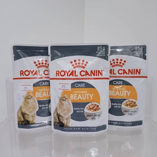 Royal Canin (Intense Beauty Gravy) 85 G. อาหารเปียกชิ้นเนื้อซอสเกรวี่แมวโต อายุ 1 ปีขึ้นไป  Exp.27-08-2024