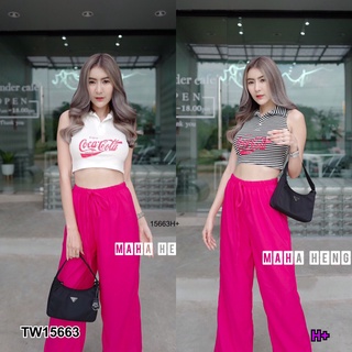 TwinsShopVip💗พร้อมส่ง TW15663 set 2 ชิ้น เสื้อครอปแขนกุดคอปก อกสกรีน + กางเกงขายาว Set of 2 pieces. Sleeveless