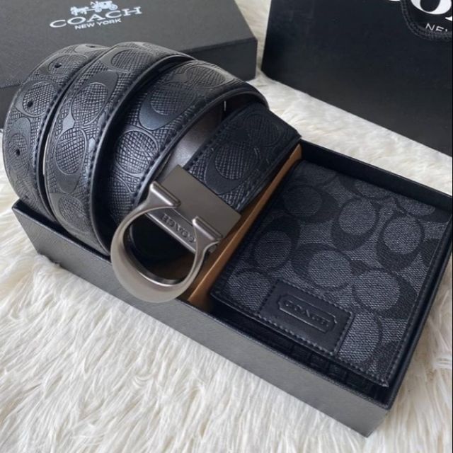 Set กระเป๋าสตางค์ & เข็มขัด Coach แท้ สีดำ เทา ผู้ชาย ของขวัญ สุดคุ้ม