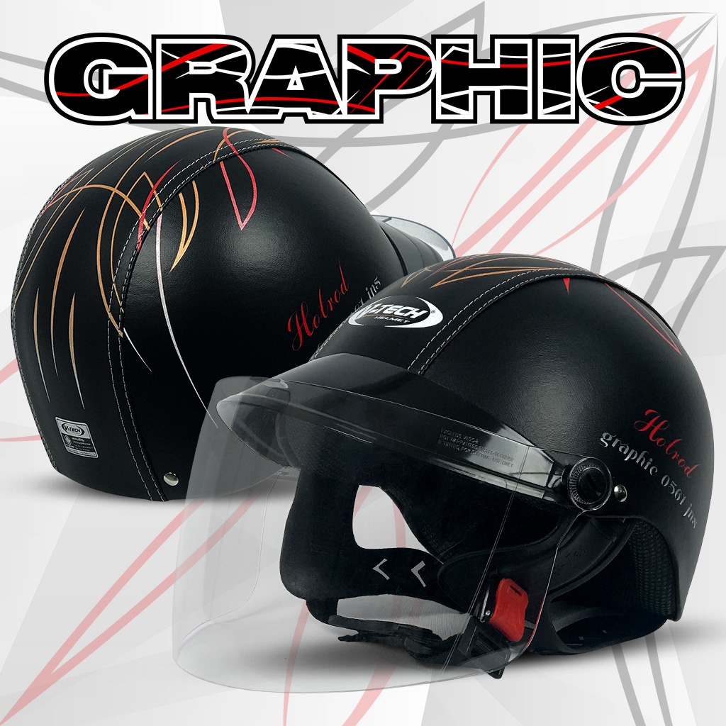 หมวกกันน็อคนิรภัยครึ่งใบ V-TECH Helmetรุ่นGlaphic มาพร้อมแผ่นบังลมนิรภัย PC เกรดคุณภาพ