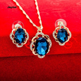 SKYSTAR_Women Floral Rhinestone Necklace Stud Earrings Fashion Wedding Jewelry Set Gift