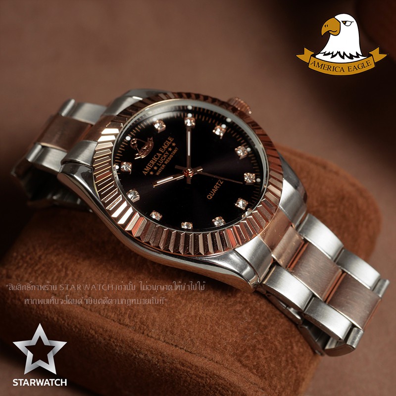 AMERICA EAGLE นาฬิกาข้อมือผู้หญิง สายสแตนเลส รุ่น SW8002G – PINKGOLD/BLACK