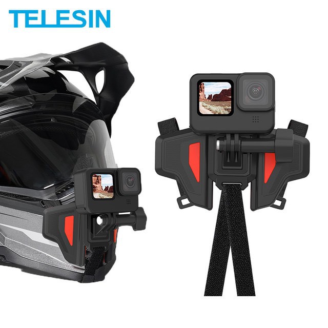 TELESIN GP-HMB-MT2 สายรัดหมวกสีดำแดง รุ่นใหม่ ติดคางด้านหน้าสำหรับ GoPro Hero 9 8 7 6 5 DJI Osmo Action insta360