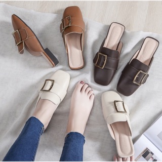 Shoes : รองเท้าเปิดส้นสไตล์เกาหลี รุ่น Classic Belt Slipper #รหัสBrown