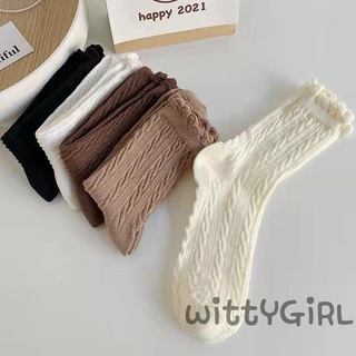 W[]-ถุงเท้าผ้าฝ้ายแต่งลูกไม้สีน้ําตาลสําหรับผู้หญิง