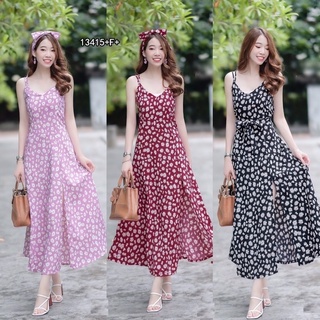 🌸💕เดรสเที่ยว ไปทะเล Maxi dress สายเดียวลายดอกเดซี่ ดีเทลแต่งสายไขว้ด้านหลัง ผ่าด้านหน้า