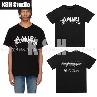 AMIRI T-shirt แบรนด์น้ำถนนสูง Amiri high street retro ซ้อนทับภาษาสันสกฤตตัวอักษรพิมพ์สโลแกนแขนสั้นผู้ชายและผู้หญิงหลวมเส