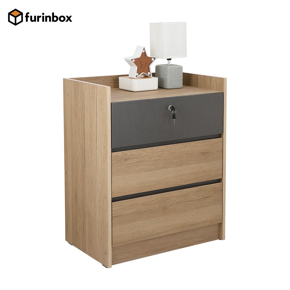 Furinbox ตู้ 3 ลิ้นชัก รุ่น MERINDA - (สีลายไม้ธรรมชาติ/เทาเข้ม)