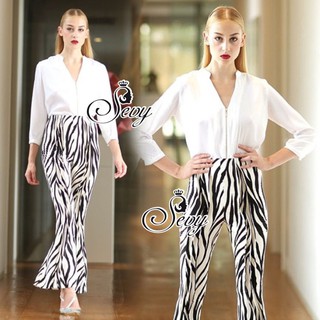 Sevy Two Pieces Of Zipper V-Neck With Zebra Stripes Pants Sets