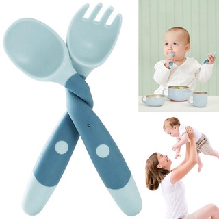 Baby Utensils Set 2Pcs Plastic Training Fork Spoon 360 Degrees Bendable Auxiliary Utensils With Storage Box /