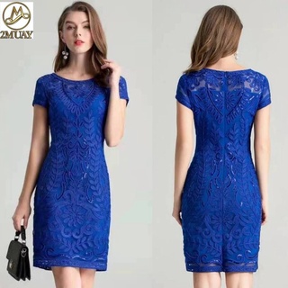 2MUAY PREMIUM DRESS ชุดเดรสออกงาน ชุดเดรสลูกไม้ EMBROIDERED PENCIL DRESS รุ่นZH8189 สีนำ้เงินสด SIZE L