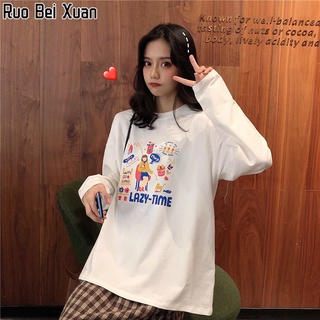 Ruo Bei Xuan เสื้อยืดคอกลมแขนยาวสไตล์เกาหลีใหม่สำหรับผู้หญิง