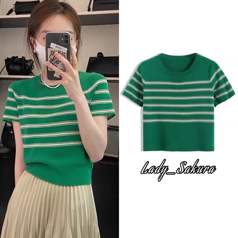 Lady_Sakura 734/BB#เสื้อไหมพรมคอกลมแขนสั้น#เสื้อแฟชั่นเกาหลีลายทาง