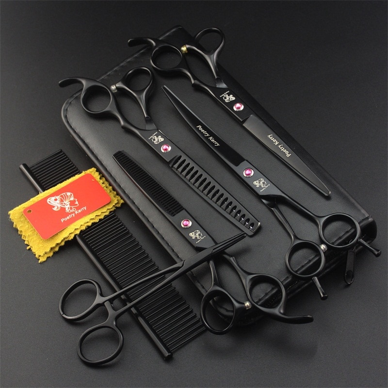 7 นิ้ว Professional ญี่ปุ่น 440C สัตว์เลี้ยงสุนัขกรูมมิ่งกรรไกรชุดสุนัขกรรไกรตัดผมบางโค้งกรรไกรพร้อมหวีกระเป๋า