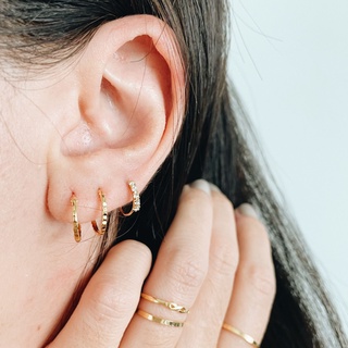 12mm Pyramid Textured Hoops, 18K Gold Plated Sterling Silver Earrings E0058 | เงินแท้ 925 ชุบทองเเท้ 18 กะรัต