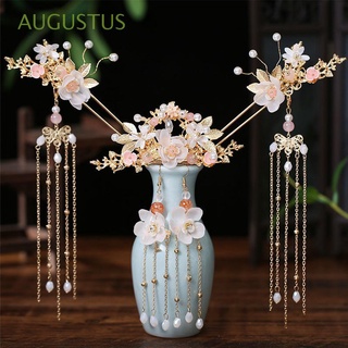 Augustus เครื่องประดับผม Hanfu กิ๊บติดผมดอกไม้แฟชั่นจีนหลากสี