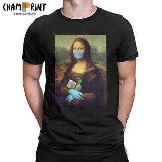 เสื้อยืดลําลอง ผ้าฝ้าย 100% แขนสั้น คอกลม พิมพ์ลาย Mona Lisa Washing Hands Wear a mask and gloves สีดํา พลัสไซซ์ XS-XXXL