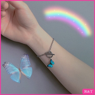 ♥ Rt ✨  เครื่องประดับ สร้อยข้อมือ จี้รูปผีเสื้อ สีฟ้า สไตล์เกาหลี สําหรับผู้หญิง