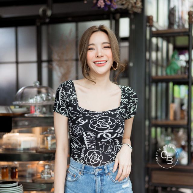 B-บอดี้สูท แขนสั้น คอเหลี่ยม ผ้านิ่ม ลวดลายไฮโซ GTB