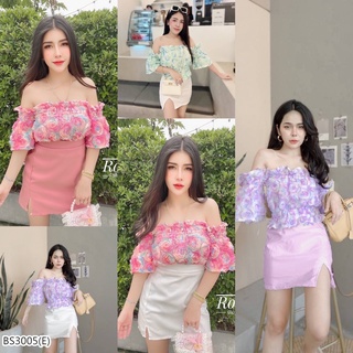 BS3005  เซตกุหลาบ เสื้อปาดไหล่ ผ้าลายกุหลาบ 3D + กระโปรงสั้นแต่งผ่าหน้า เอวสม้อกหลัง งานสุดหรู สวยเป๊ะพร้อมส่ง   สี ::ชม