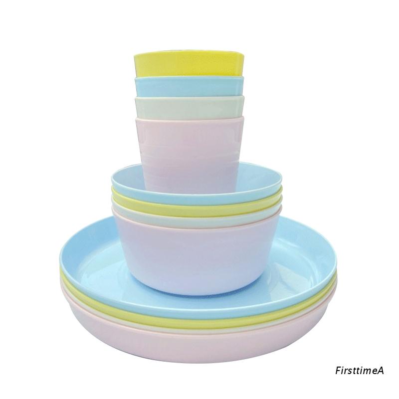 kids bowls Rainbow colours for kids party indoor and camping Flatware set kids plates Kids dishes set include kids cups Plastic Dinnerware set for 8 Reusable and Microwave safe 