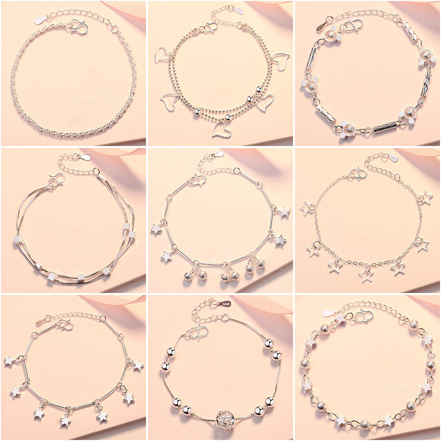 เครื่องประดับสร้อยข้อมือโซ่เงินจี้ดอกไม้หัวใจสีเงิน 925