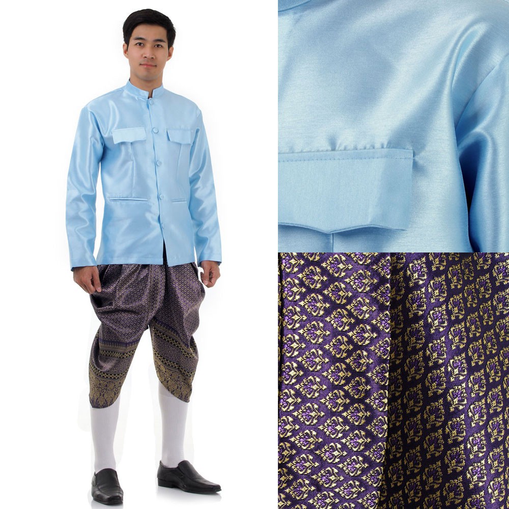 ชุดไทยชายราชปะแตนเสื้อสีฟ้าผ้าไหมเทียม