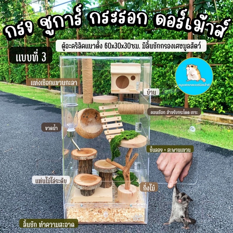 ตู้No.3 กรงเลี้ยงชูการ์ ดอร์เม้าส์ กระรอก 30x30x60ซม. /แบบที่3 บ้านชูการ์ บ้านดอร์เม้าส์ ตู้อะคริลิคสำหรับเลี้ยงชูการ์