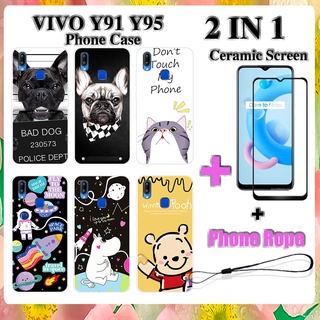 2 IN 1 VIVO Y91 Y95 เคสโทรศัพท์ พร้อมกระจกนิรภัย เซรามิค ป้องกันหน้าจอ โค้ง ฟิล์มนิรภัย การ์ตูน