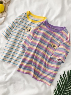 🇹🇭พร้อมส่ง🌈062🌈เสื้อยืดเรนโบว์ปักรูปเด็กหญิง little girl