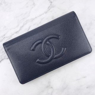 ชาแนลแท้มือสอง Authentic Used Chanel timeless bifold caviar Navy blue holo22 ใบยาว 2 พับ สภาพ 90% พร้อมส่ง