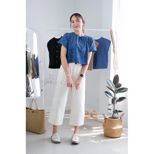 ใส่โค้ด MALILA68 เสื้อครอปคอกลมแขนสั้น ผ้าทอลายNG17ย้อมม่อฮ้อมขัดสโตน