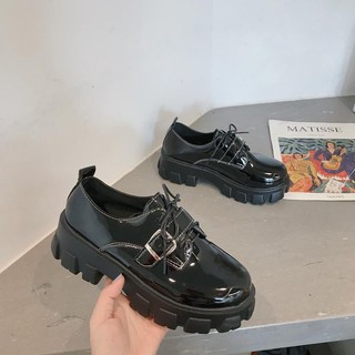 เช็ครีวิวสินค้ารองเท้าหนังขนาดเล็กหญิงสไตล์อังกฤษสีดำ ins 0 ฤดูใบไม้ผลิใหม่เกาหลีรองเท้าส้นสูงแพลตฟอร์ม ulzzang ป่า