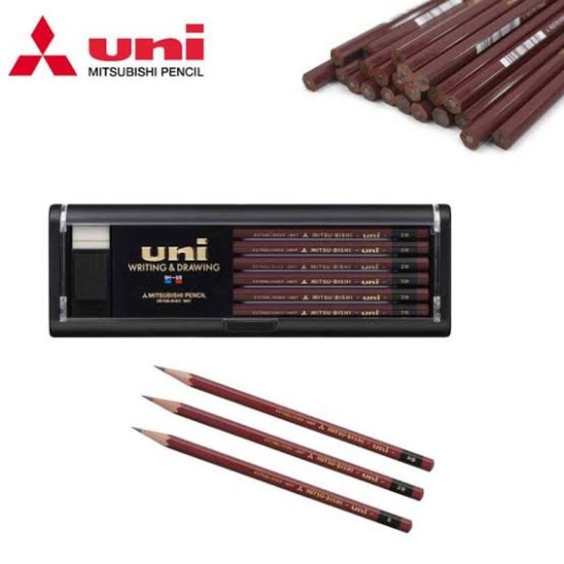 Uni Mitsubishi Uni Series Wooden Pencil Stationary box build in rubber 2H H HB hardnesses - 12 แท่ง 