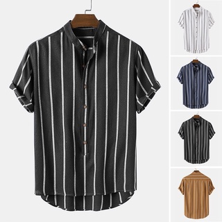 MR Mens Summer Casual Simple Striped Short Sleeve Button Down Top