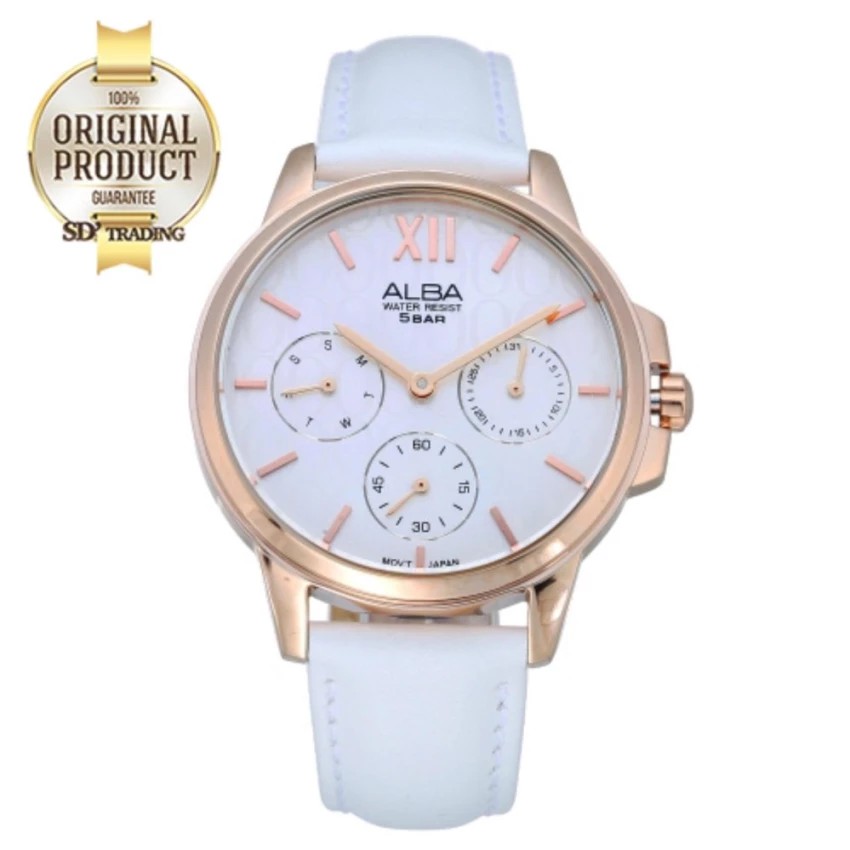 ALBA นาฬิกาข้อมือผู้หญิง สายหนังขาว สี Pinkgold รุ่น AP6492X1
