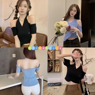 พร้อมส่ง🍓เสื้อปาดไหล่ เสื้อเปิดไหล่ สม็อกไขว้หน้า งานสวยผ้า ใส่นุ่มสบายไม่คัน เสื้อไหมพรมปาดไหล่