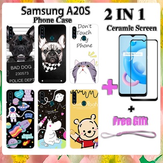 2 IN 1 เคสโทรศัพท์ Samsung A20S พร้อมกระจกนิรภัยกันรอยหน้าจอ เซรามิค ฟิล์มโค้ง การ์ตูน