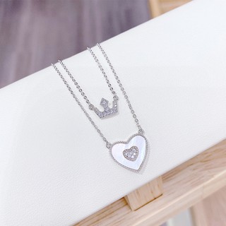 สร้อยหัวใจมุกและสร้อยมงกุฎ ตกแต่งเพชร CZ สีเงิน ปรับขนาดได้