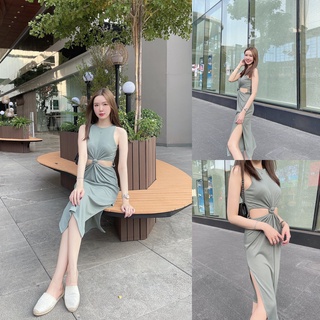 เขียวเทา/นู้ดชมพู 🍷 SLYQ CREED TIE WAIST RIBBED MIDI DRESS เดรสยาวเว้าเอว ผ้าร่องคอตตอนเนื้อหนาพรีเมี่ยม