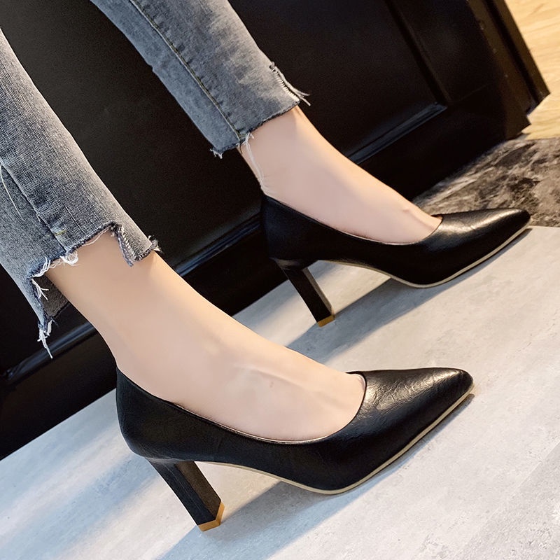 👡34-40 สีดำ 7 ซม. รองเท้าส้นสูงรองเท้าส้นหนานักเรียนทุกการแข่งขันชุดสบายรองเท้าทำงานมืออาชีพสีนู้ดรองเท้าชี้