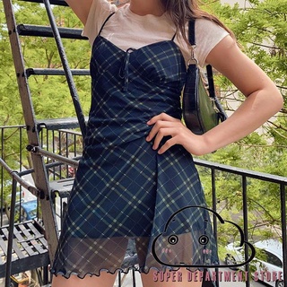 SUPER-Women Sleeveless Sling Dress V-neck Low-cut Lace-up A-line Plaid Sundress Lady Sexy Slim Clubwear