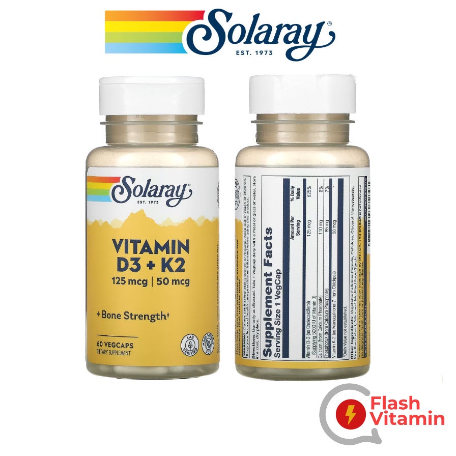 < พร้อมส่ง > แพคเกจใหม่ ! Solaray , Vitamin D3 + K2 , Soy-Free , 60 แคปูซูล - บำรุงกระดูก เสริมภูมิต้านทาน