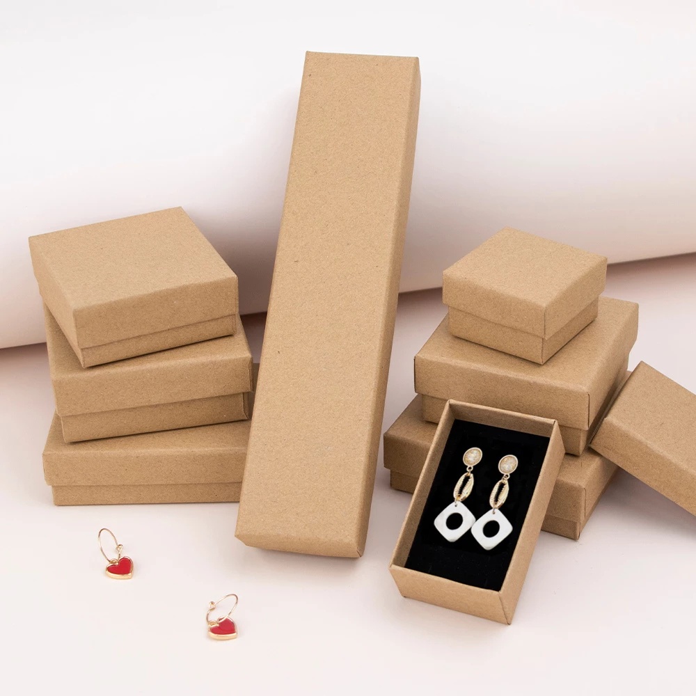 กล่องกระดาษคราฟท์ พร้อมฟองน้ํา สําหรับใส่เครื่องประดับ สร้อยคอ ต่างหู แหวน กล่องของขวัญ