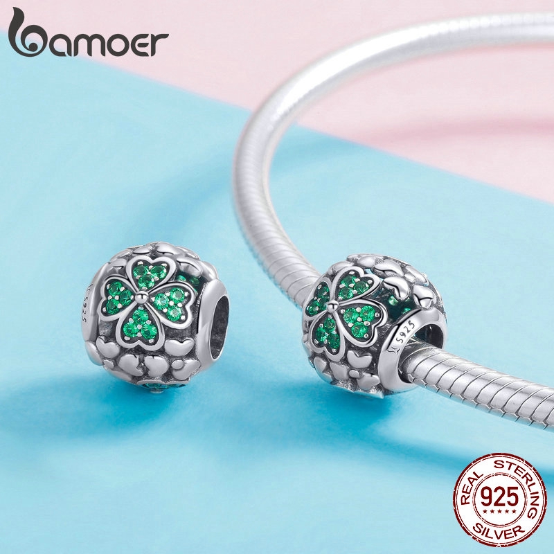 Sterling Silver Round Green Clover Flower Glass Bead For European Charm Bracelet