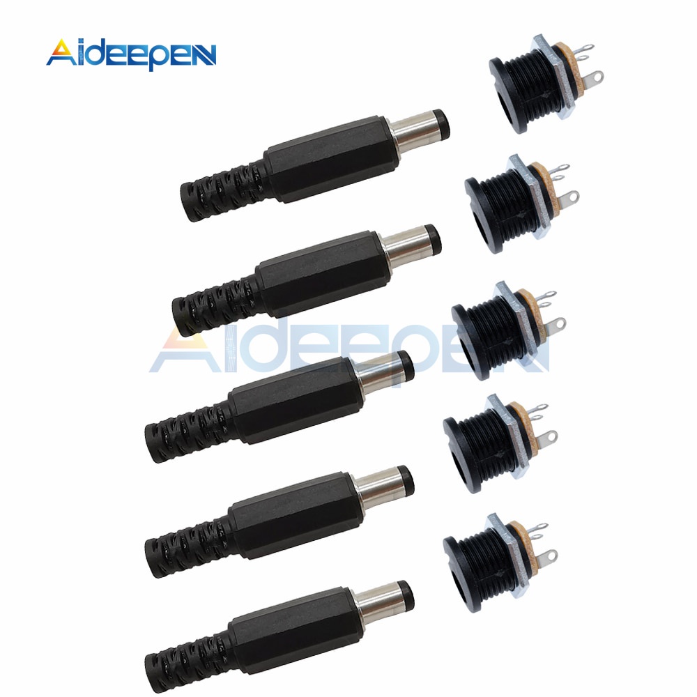 10pcs (5 คู่) 12V 3A 5.5 x 2.1 มม.พลาสติกปลั๊กชาย DC022 DC Power Socket หญิงแจ็คสกรู Nut แผง Mount Connector 5.5*2.1 มม.