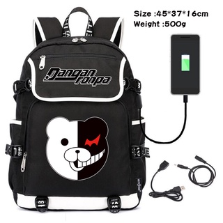 กระเป๋าเป้สะพายหลัง กระเป๋านักเรียน ผ้าแคนวาส ลายการ์ตูน Danganronpa Monokuma ชาร์จ USB สีดํา เหมาะกับของขวัญ สําหรับเด็กนักเรียน